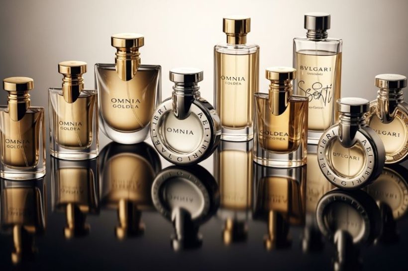 A collection of Bvlgari perfume bottles arranged on a reflective surface with soft lighting