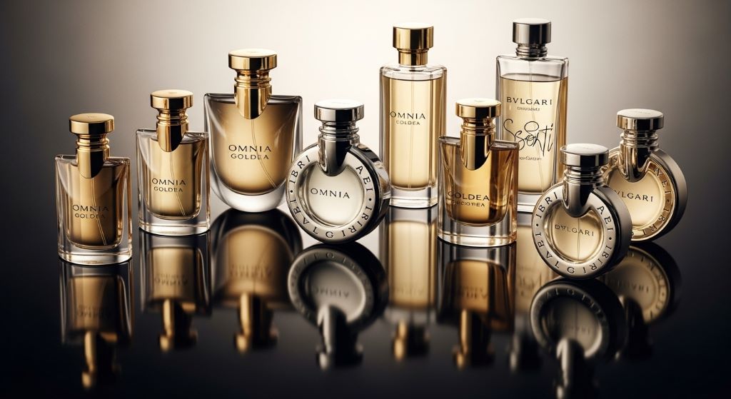 A collection of Bvlgari perfume bottles arranged on a reflective surface with soft lighting
