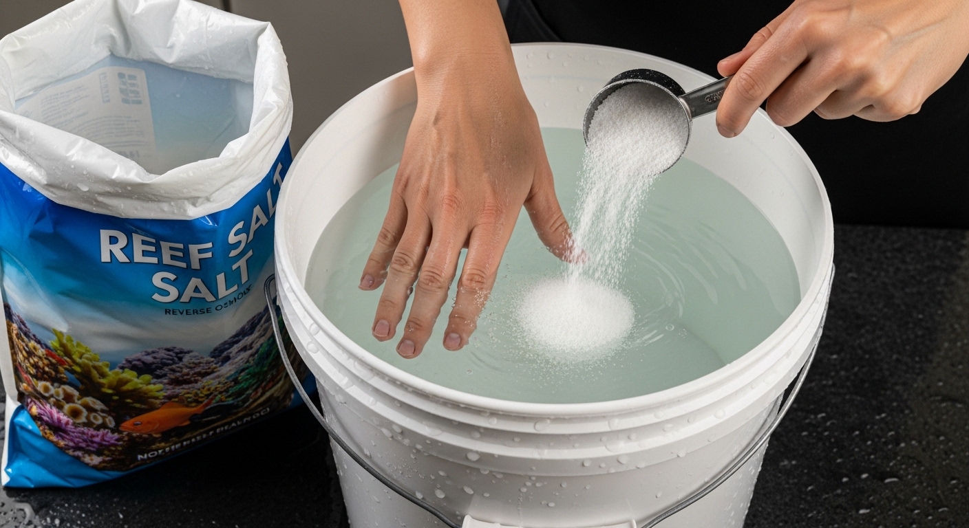 Hands mixing reef salt into a white bucket of reverse osmosis water to prepare clean saltwater for an aquarium water change