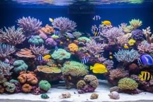 A vibrant reef aquarium with crystal-clear water, colorful coral, and tropical fish swimming in a well-maintained tank