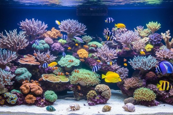 A vibrant reef aquarium with crystal-clear water, colorful coral, and tropical fish swimming in a well-maintained tank