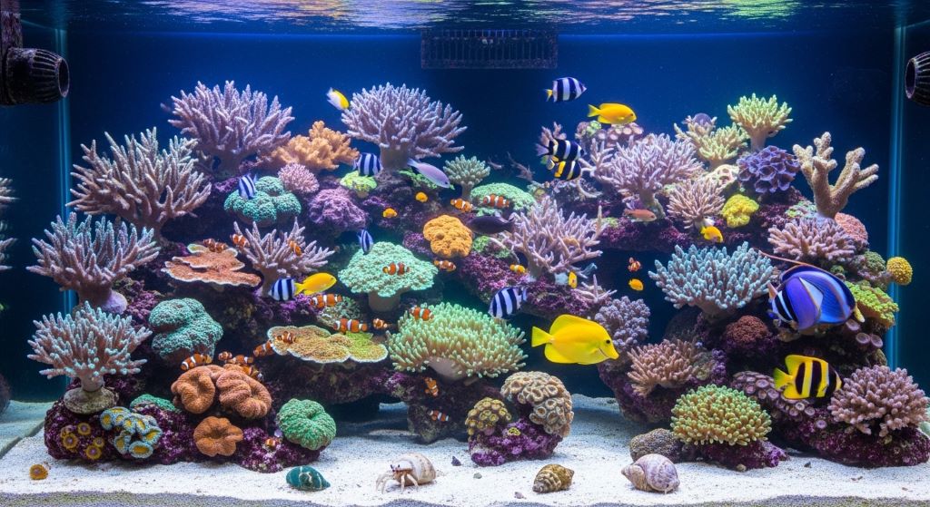 A vibrant reef aquarium with crystal-clear water, colorful coral, and tropical fish swimming in a well-maintained tank