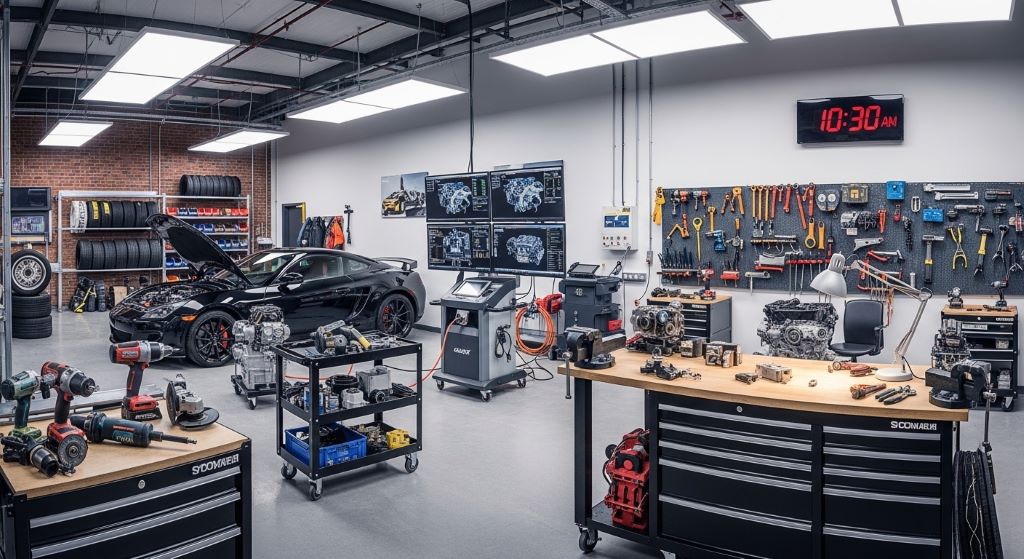 High-performance auto workshop with diagnostic equipment and power tools displayed
