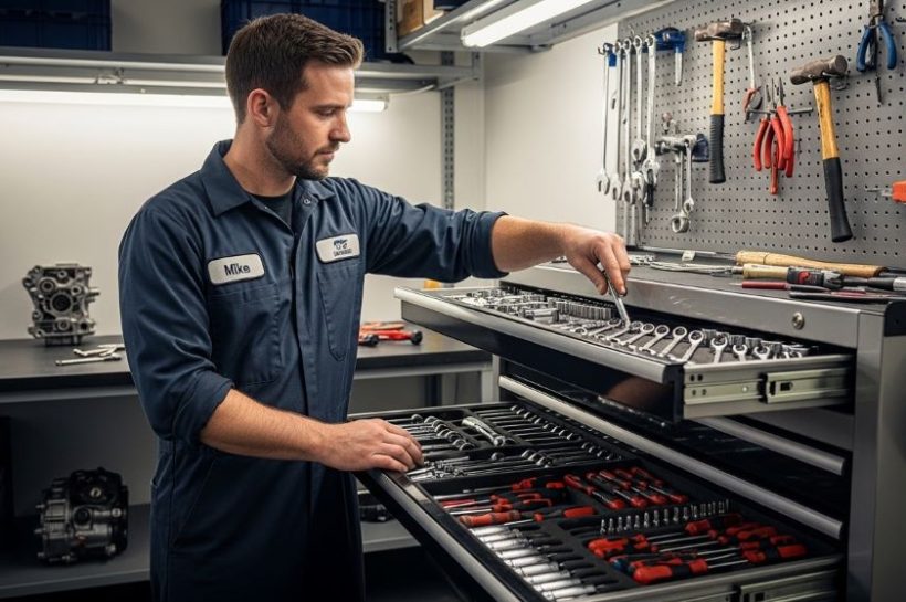 Professional mechanic selecting tools from an organized workshop tool chest