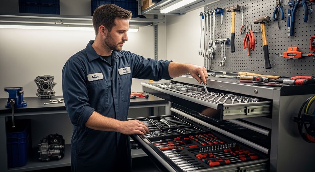 Professional mechanic selecting tools from an organized workshop tool chest