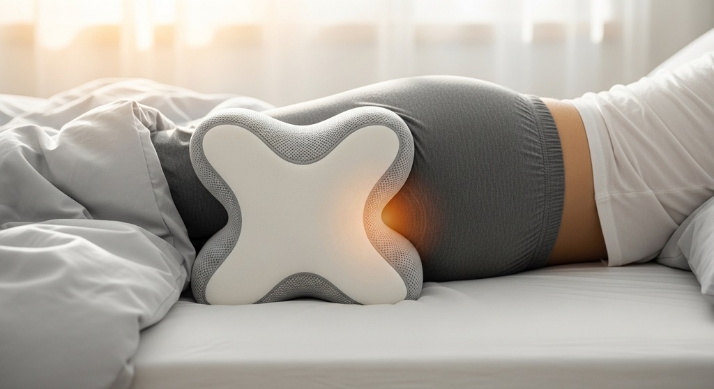 Ergonomic contour knee pillow placed between knees during sleep