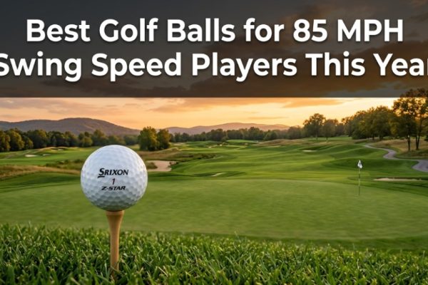 Title graphic showing the best golf balls for 85 mph swing speed on a green tee.