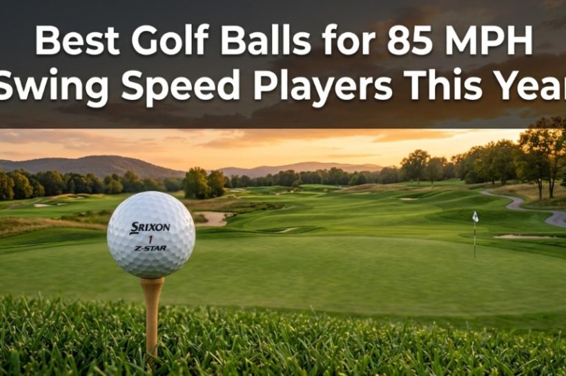 Title graphic showing the best golf balls for 85 mph swing speed on a green tee.