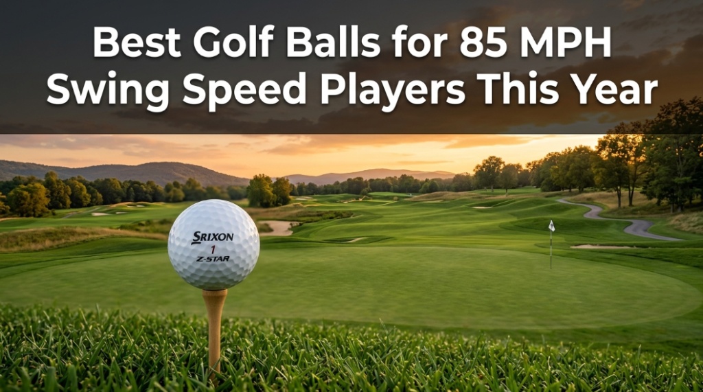 Title graphic showing the best golf balls for 85 mph swing speed on a green tee.