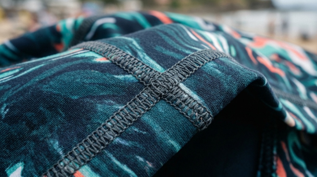 Close-up of a surf swimsuit flatlock stitch detail showing durable construction and fabric quality