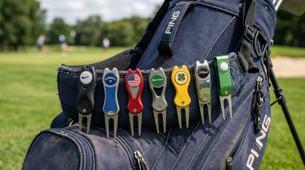 Collection of affordable golf divot tools with magnetic ball markers displayed on a golf bag pocket