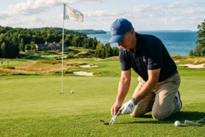 A golfer using a stainless steel divot tool to repair a pitch mark on a green at a Michigan golf course