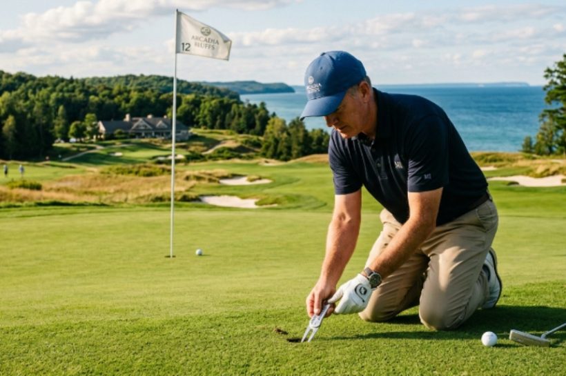A golfer using a stainless steel divot tool to repair a pitch mark on a green at a Michigan golf course