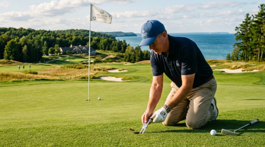 A golfer using a stainless steel divot tool to repair a pitch mark on a green at a Michigan golf course