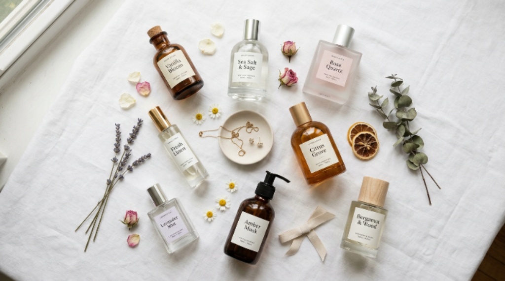 Flat lay of budget-friendly perfume bottles arranged elegantly on a white surface