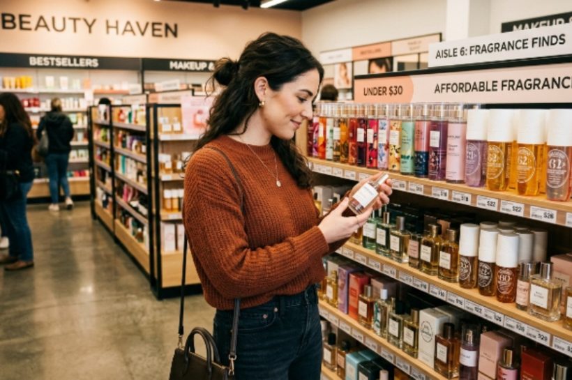 Woman browsing a display of affordable fragrance bottles at a beauty store