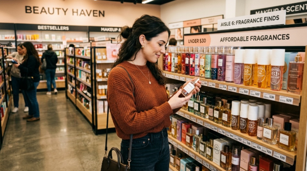 Woman browsing a display of affordable fragrance bottles at a beauty store