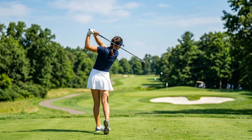 A golfer completing a smooth drive on a sunny course to demonstrate 85 mph swing mechanics.
