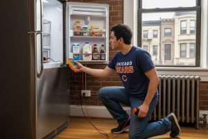 Technician diagnosing refrigerator power failure in Chicago kitchen