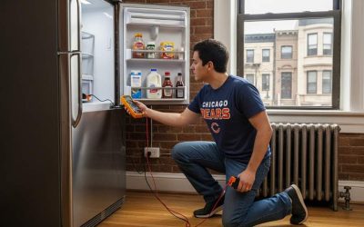 Technician diagnosing refrigerator power failure in Chicago kitchen