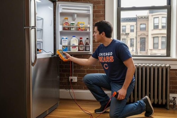Technician diagnosing refrigerator power failure in Chicago kitchen