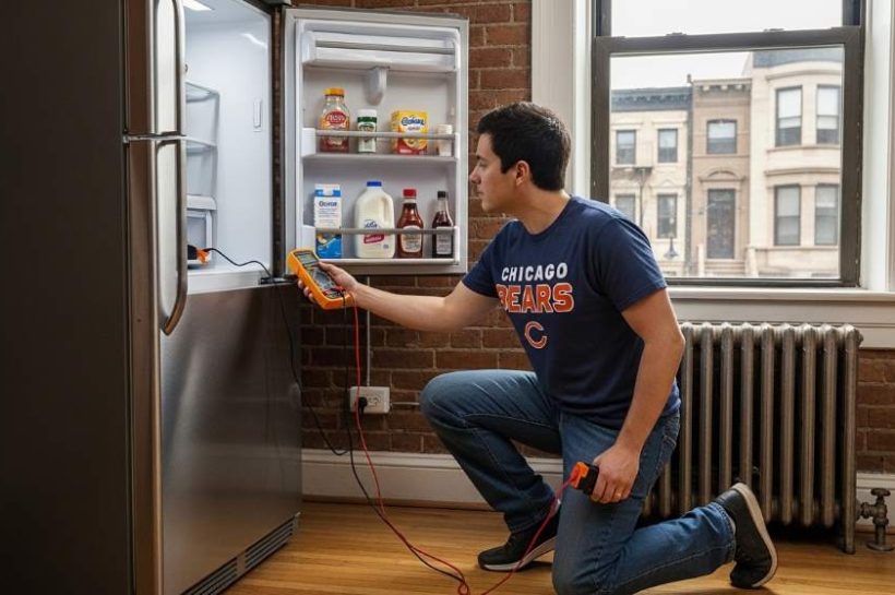 Technician diagnosing refrigerator power failure in Chicago kitchen