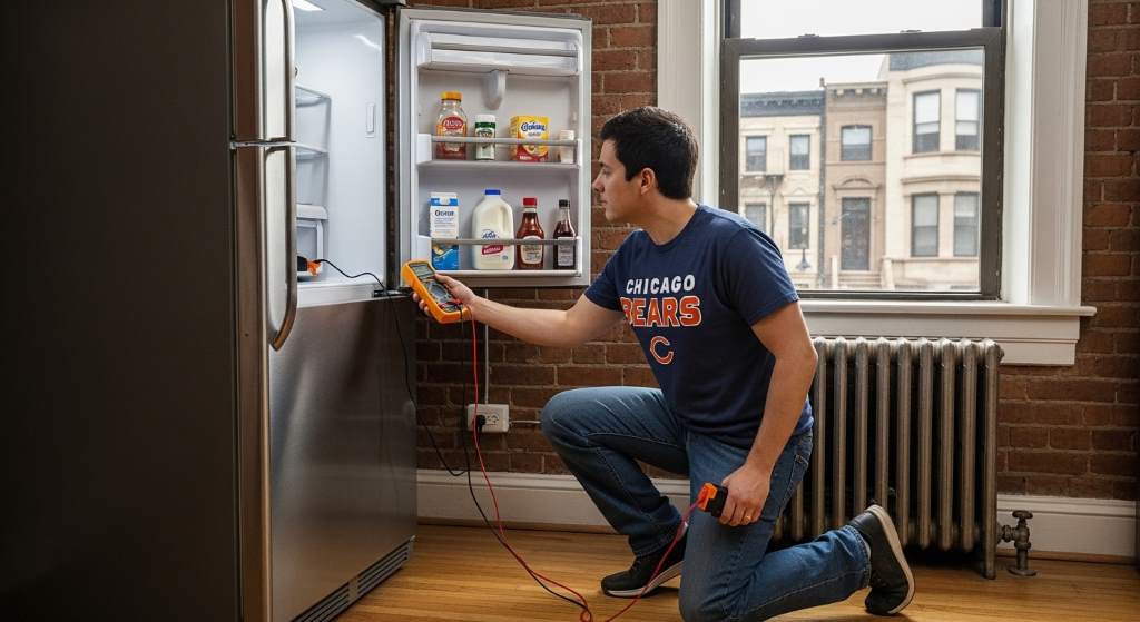 Technician diagnosing refrigerator power failure in Chicago kitchen