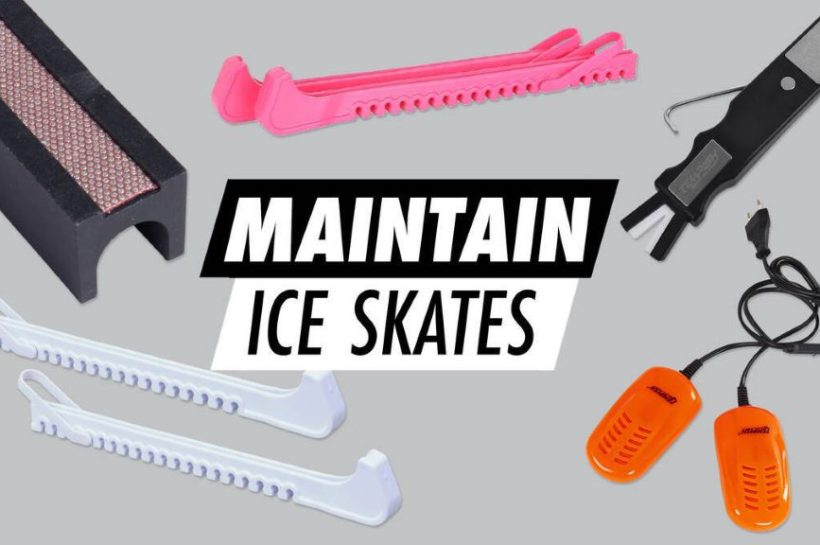 Skater inspecting sharp, polished ice skate blades before practice, demonstrating routine maintenance for better control and glide in Wisconsin