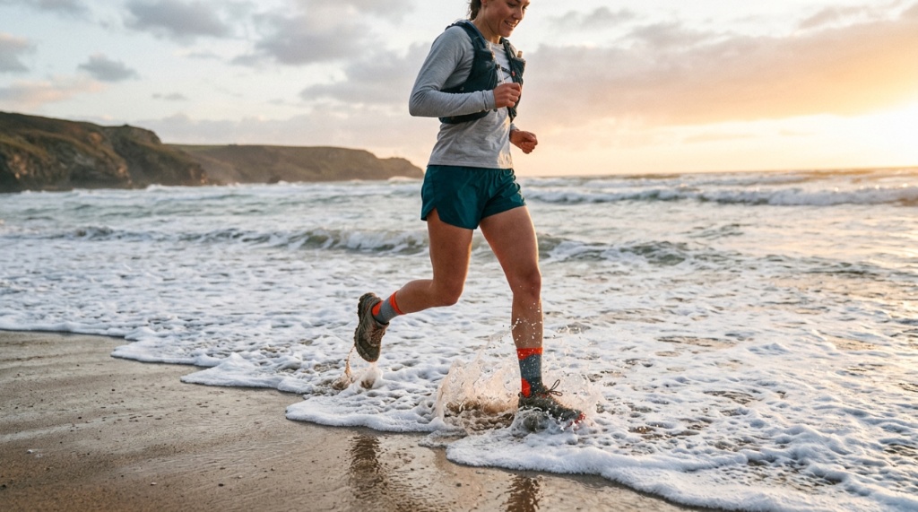 Swimmer kicking legs in ocean water wearing secure beach water socks.