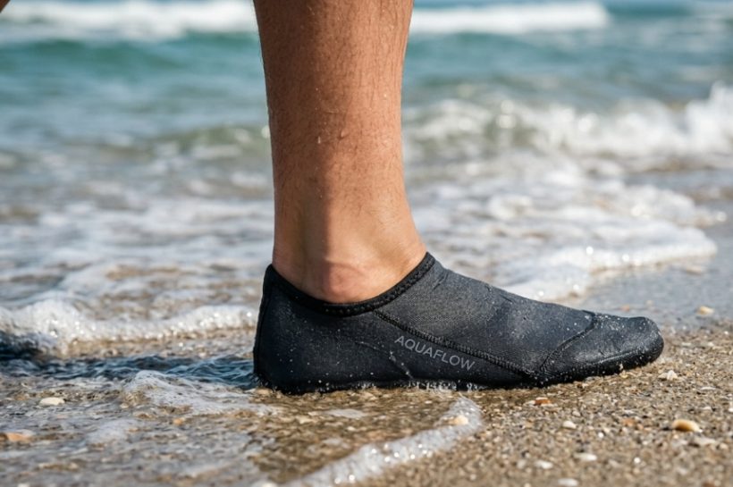 Person wearing tight fitting beach water socks standing at ocean shoreline.
