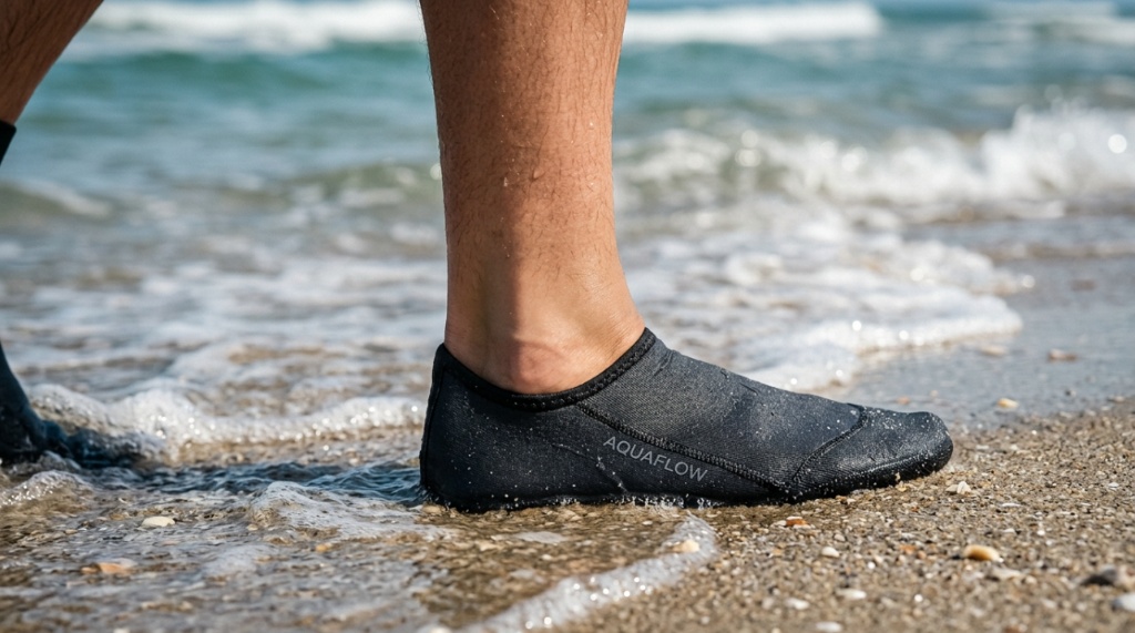 Person wearing tight fitting beach water socks standing at ocean shoreline.