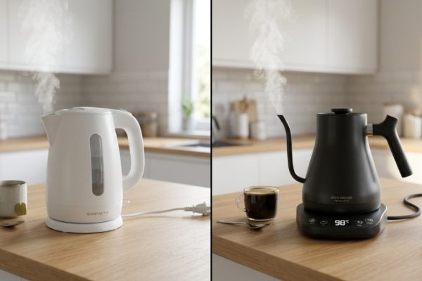 Two different electric kettles side by side on a modern kitchen counter.