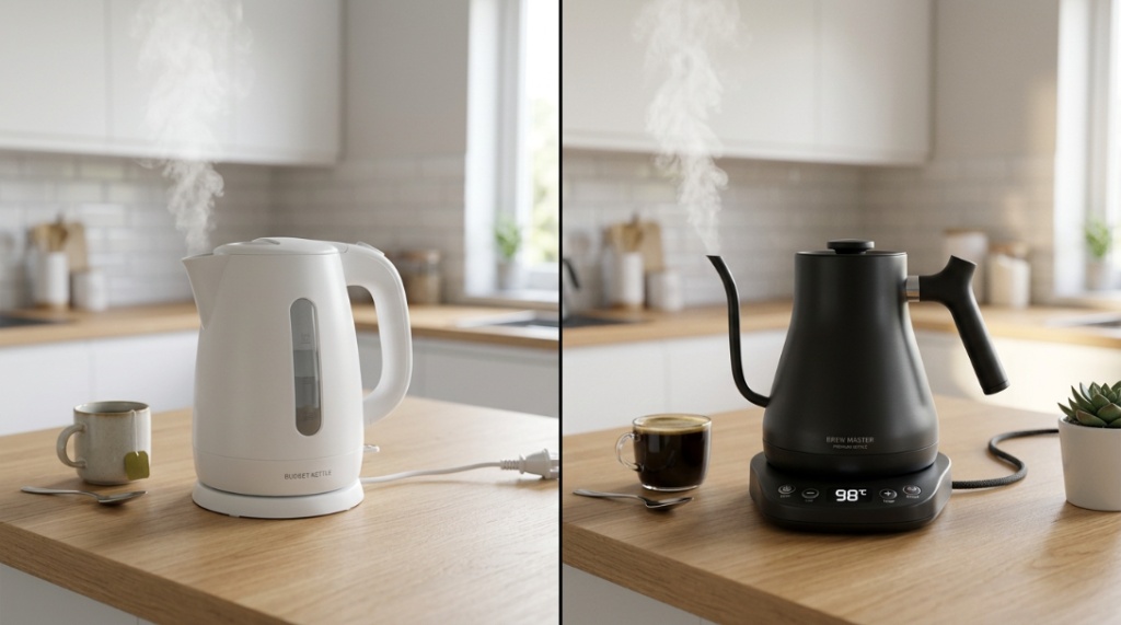 Two different electric kettles side by side on a modern kitchen counter.
