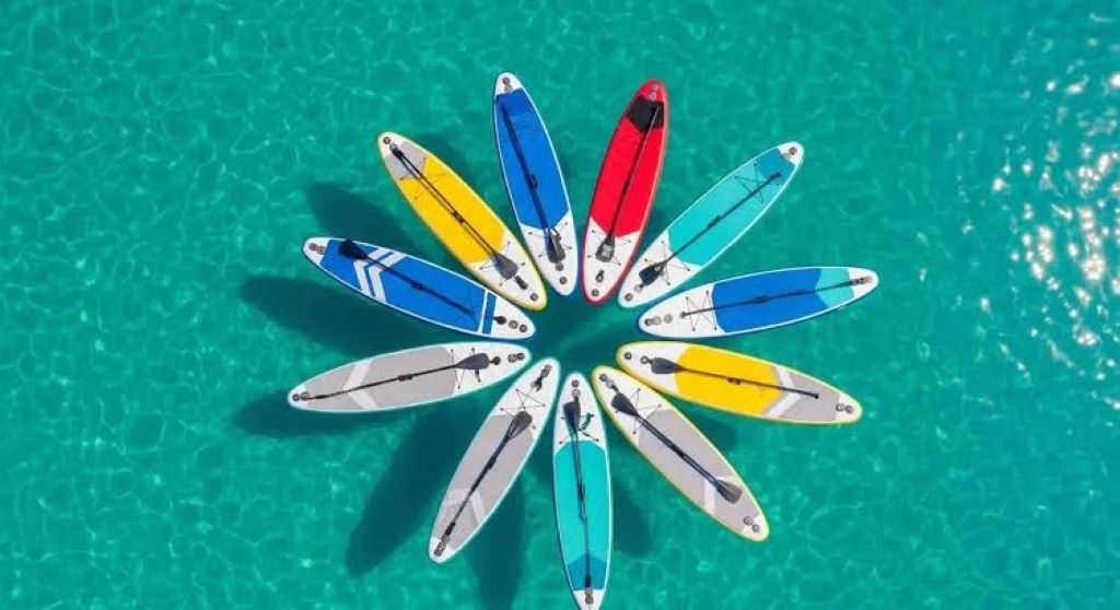 Close-up of thick inflatable paddle board designed for stability and control