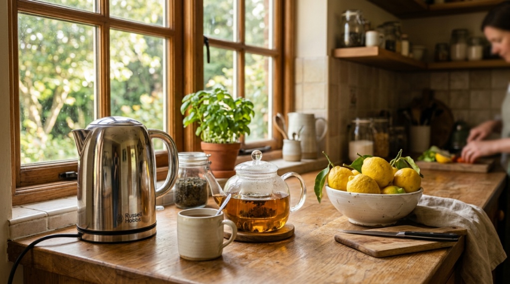 A stainless steel electric kettle next to a teapot in a sunny kitchen.