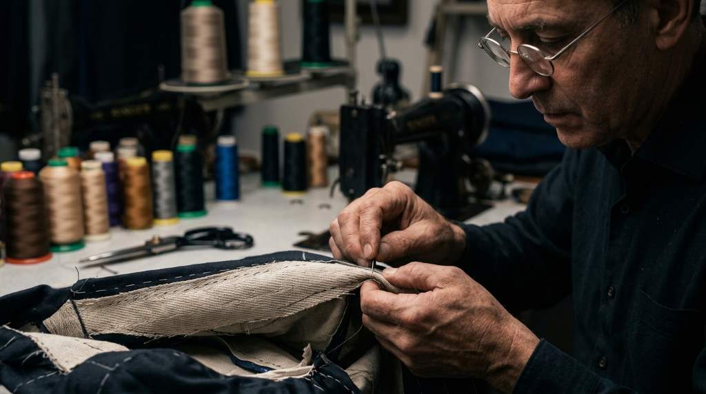 Luxury suit undergoing precision tailoring adjustments