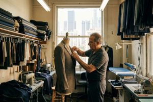 Professional tailor measuring a suit jacket inside a workshop