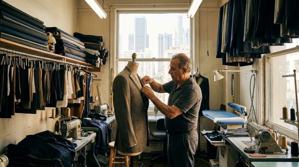 Professional tailor measuring a suit jacket inside a workshop