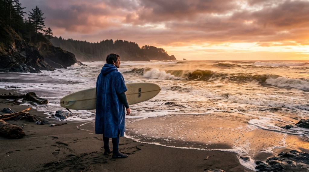 Surfer wearing a warm hooded surf poncho on a chilly California beach at sunset.