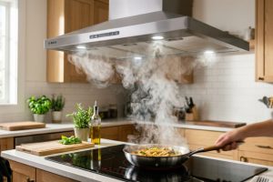 Modern range hood capturing thick cooking smoke from a pan on a stove.