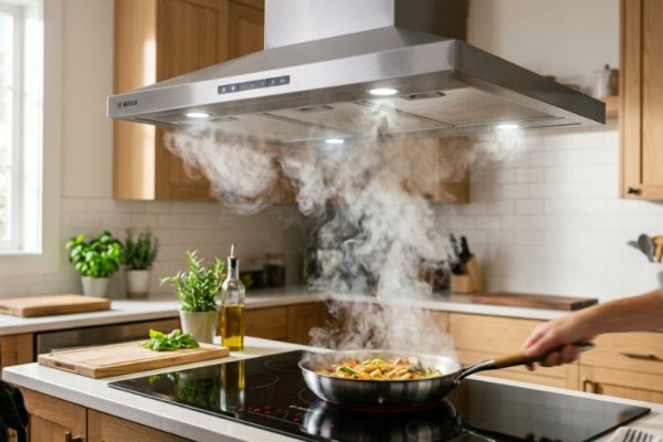 Modern range hood capturing thick cooking smoke from a pan on a stove.