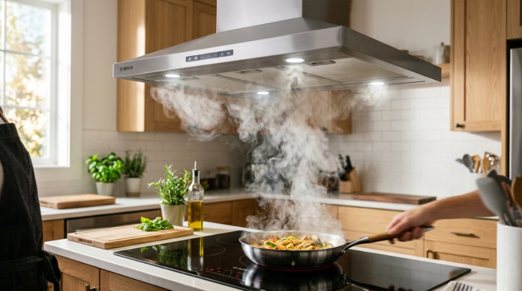 Modern range hood capturing thick cooking smoke from a pan on a stove.