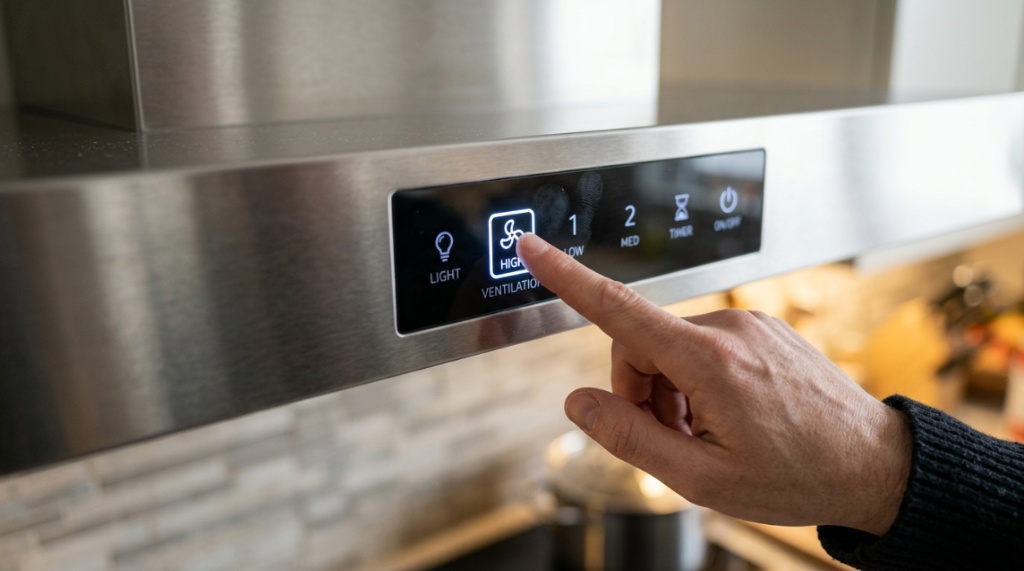 Hand pressing high-speed airflow button on a range hood control panel.
