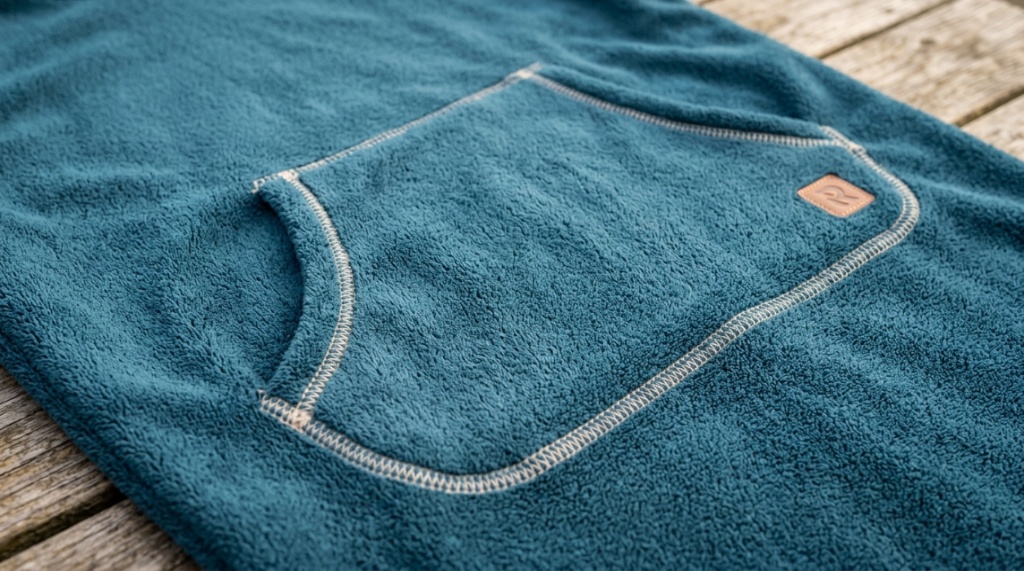 Close-up of thick microfiber fabric on a warm surf towel poncho with front pocket.