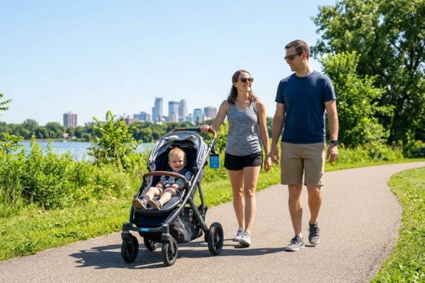 Family stroller rental service in Minneapolis park