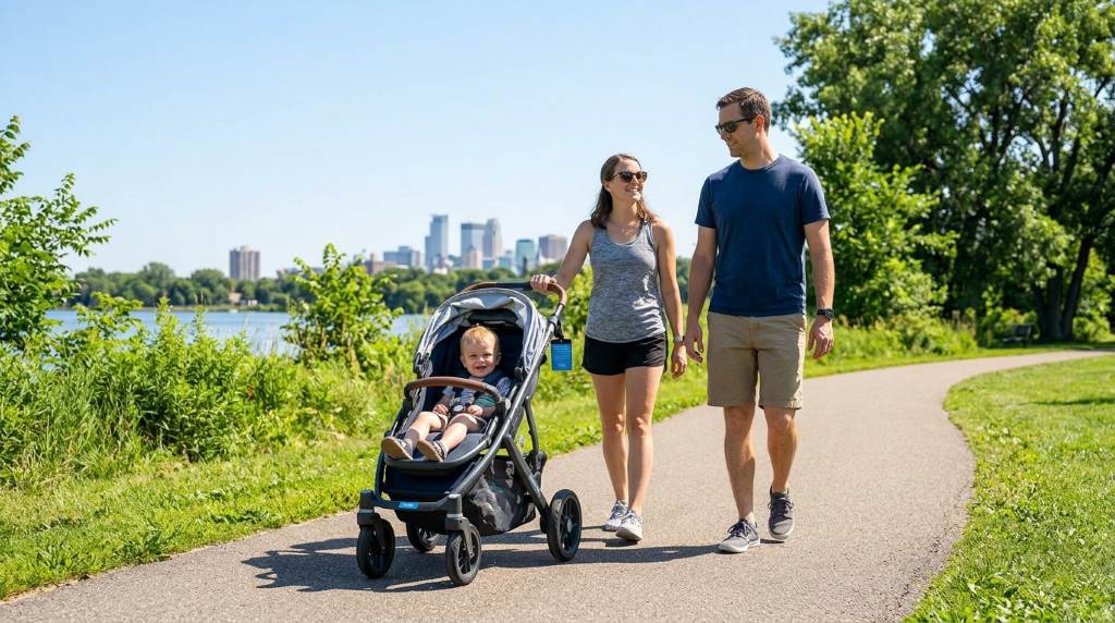 Family stroller rental service in Minneapolis park