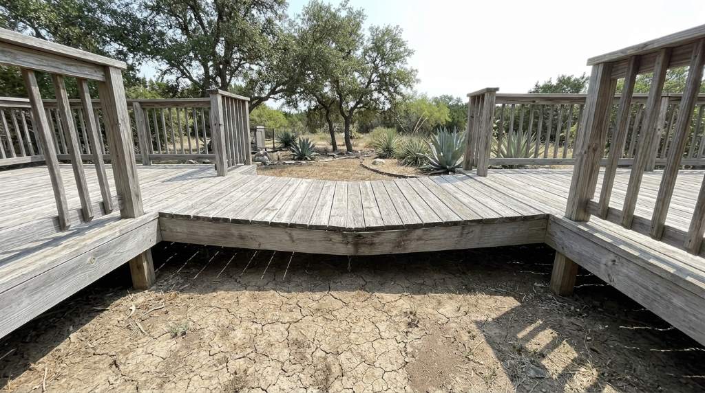 Inspecting sagging wooden deck framing in Austin TX