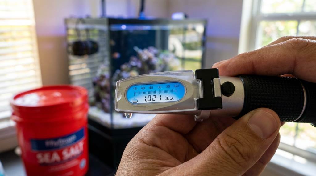 Tampa reef aquarium salinity testing with refractometer