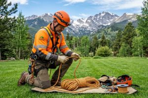 Arborist inspecting a climbing rope in front of a Colorado mountain.