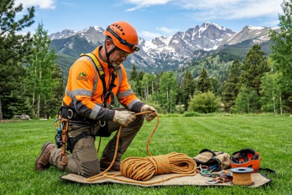 Arborist inspecting a climbing rope in front of a Colorado mountain.